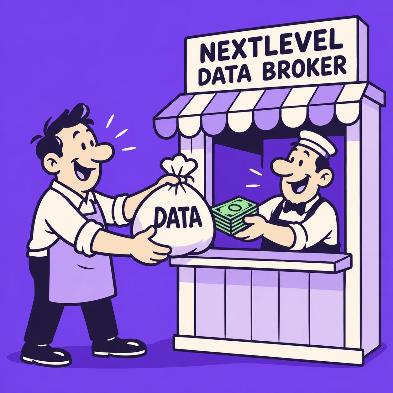 A business owner exchanges a bag marked DATA for cash at the NextLevel Data Broker shop window.